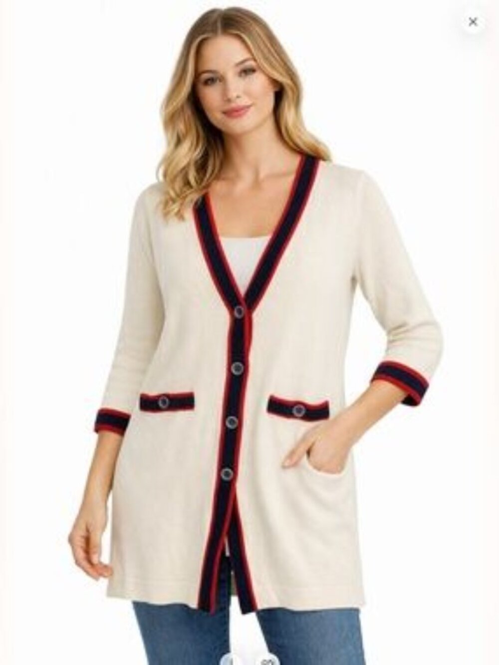 NWOT Talbots Cream Longline Wool Cardigan & Shell with Navy & Red Trim XL